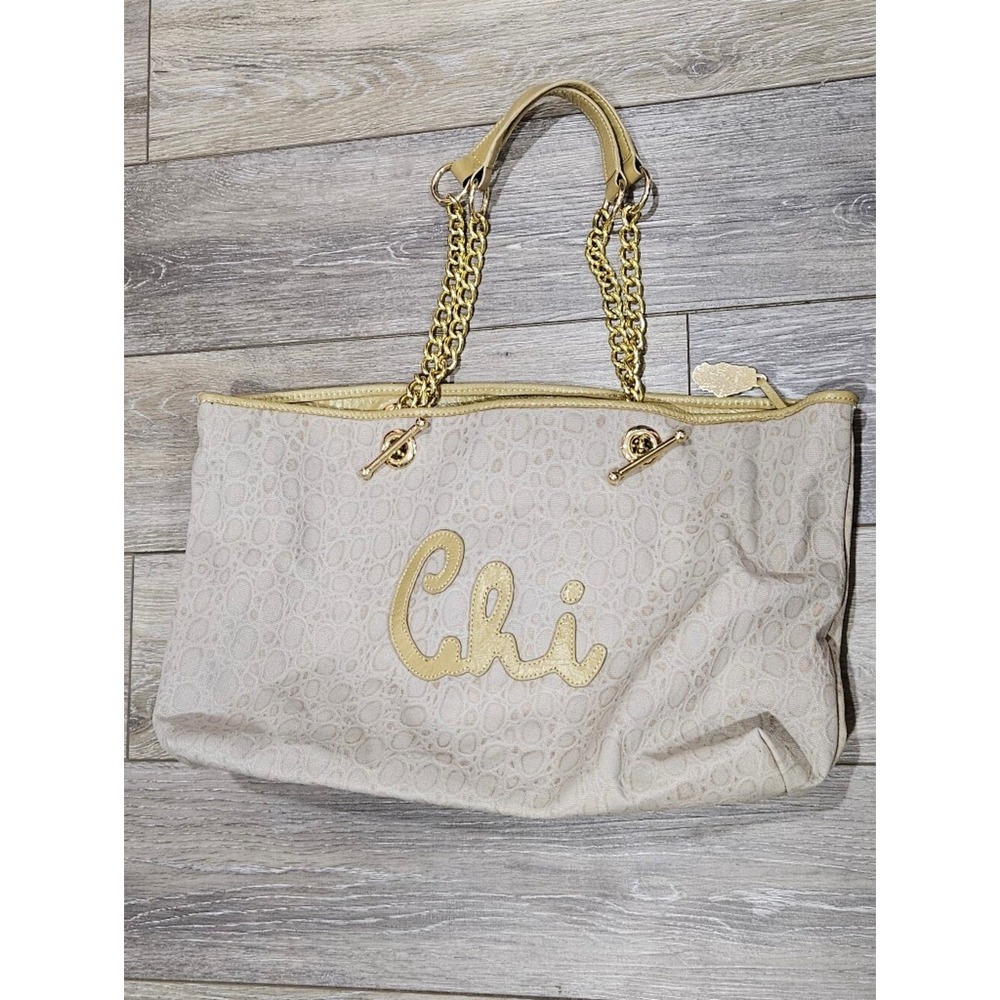 Chi By Carlos Falchi Cream Shoulder Tote with Gold Chain Straps